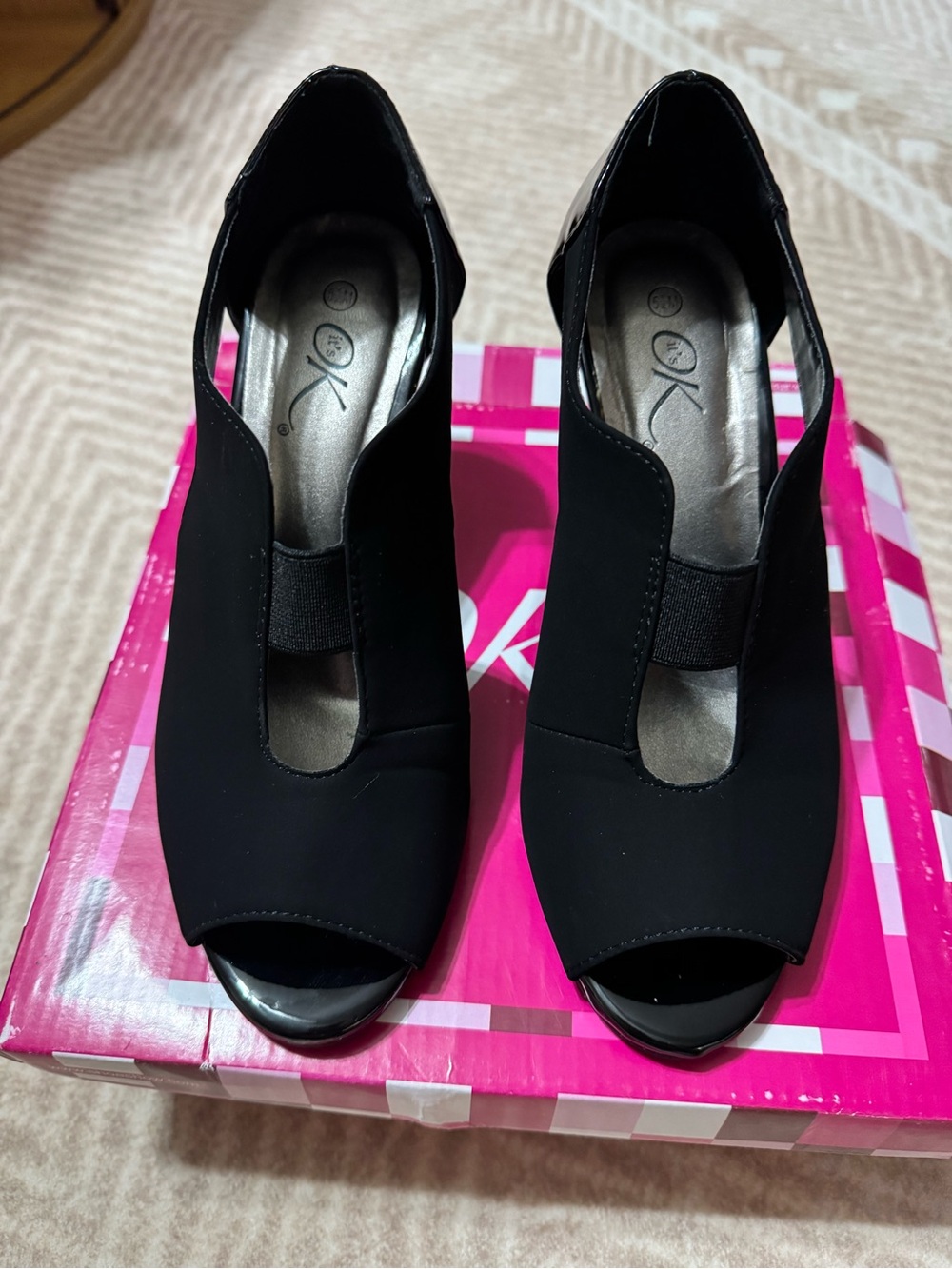 OK Black Peep-Toe Stretch Heels for Women